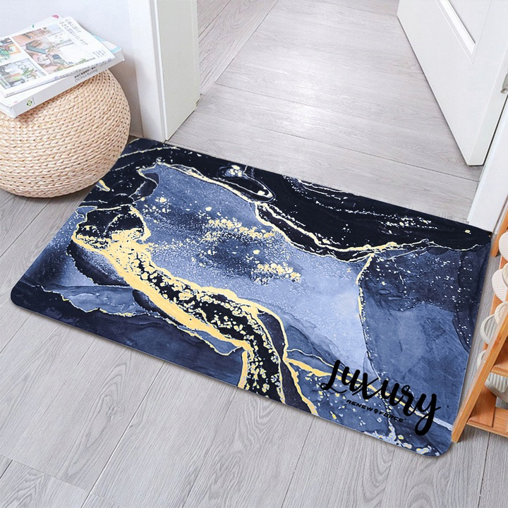 Covoras de baie modern, Ultra absorbant, Antiderapant si uscare rapida, Model marmura, Ecologic usor de curatat, 50x80 cm, Poliester/Rubber, Navy [3]