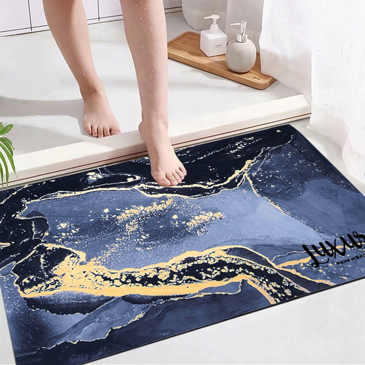 Covoras de baie modern, Ultra absorbant, Antiderapant si uscare rapida, Model marmura, Ecologic usor de curatat, 50x80 cm, Poliester/Rubber, Navy [6]
