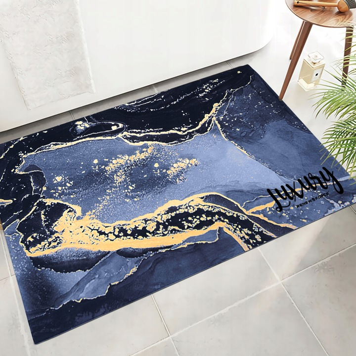 Covoras de baie modern, Ultra absorbant, Antiderapant si uscare rapida, Model marmura, Ecologic usor de curatat, 50x80 cm, Poliester/Rubber, Navy [5]
