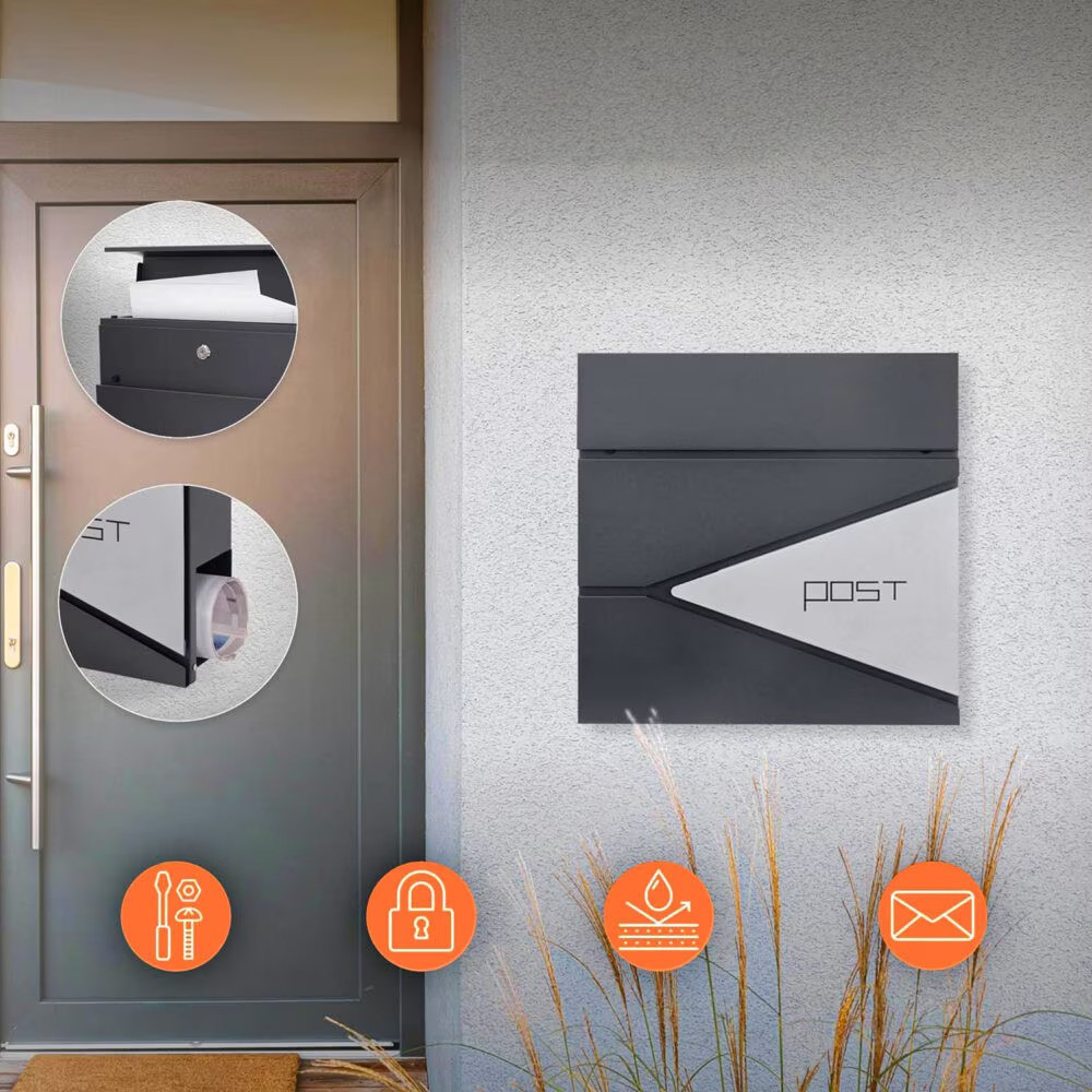Cutie postala exterior NewEvo, otel galvanizat, spatiu ziare, buzunar pentru materiale publicitare, 37x37x 11 cm, accesorii montare, design elegant Antracit Argintiu [6]