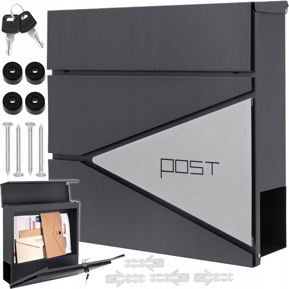 Cutie postala exterior NewEvo, otel galvanizat, spatiu ziare, buzunar pentru materiale publicitare, 37x37x 11 cm, accesorii montare, design elegant Antracit Argintiu [2]