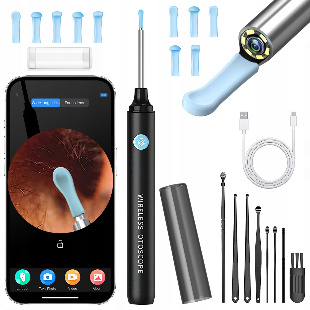 Dispozitiv curatare urechi, Otoscop, NewEvo®, Camera FullHD, 1080P, Kit 7 instrumente de indepartare a cerumenului, 6 lumini LED, Incarcare USB-C, Negru [1]