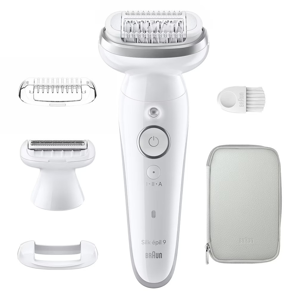 Epilator Braun Silk-épil 9 9-041 Wet & Dry, MicroGrip, Smart Light, 2 viteze, 40 pensete, Cap de ras + Pieptene, 1 capac, Geanta de voiaj, Alb/Argintiu [3]