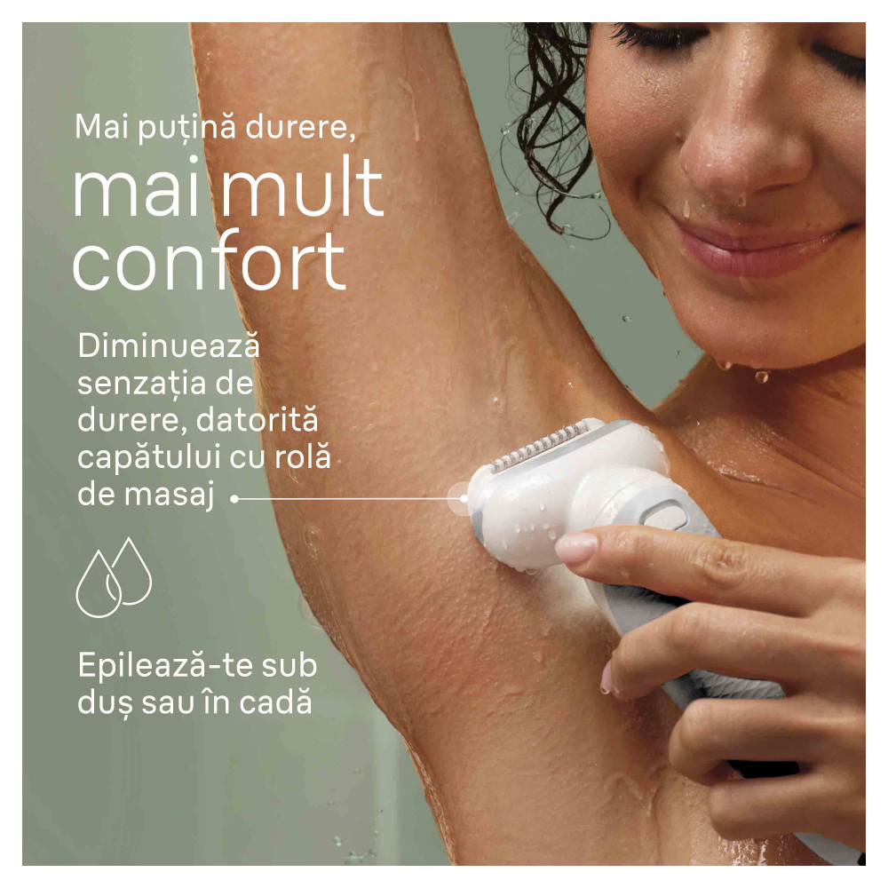 Epilator Braun Silk-épil 9 9-041 Wet & Dry, MicroGrip, Smart Light, 2 viteze, 40 pensete, Cap de ras + Pieptene, 1 capac, Geanta de voiaj, Alb/Argintiu [7]
