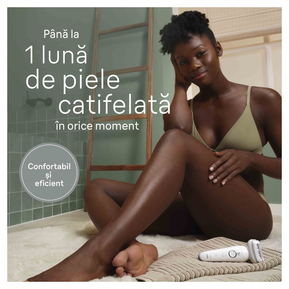 Epilator Braun Silk-épil 9 9-041 Wet & Dry, MicroGrip, Smart Light, 2 viteze, 40 pensete, Cap de ras + Pieptene, 1 capac, Geanta de voiaj, Alb/Argintiu [4]