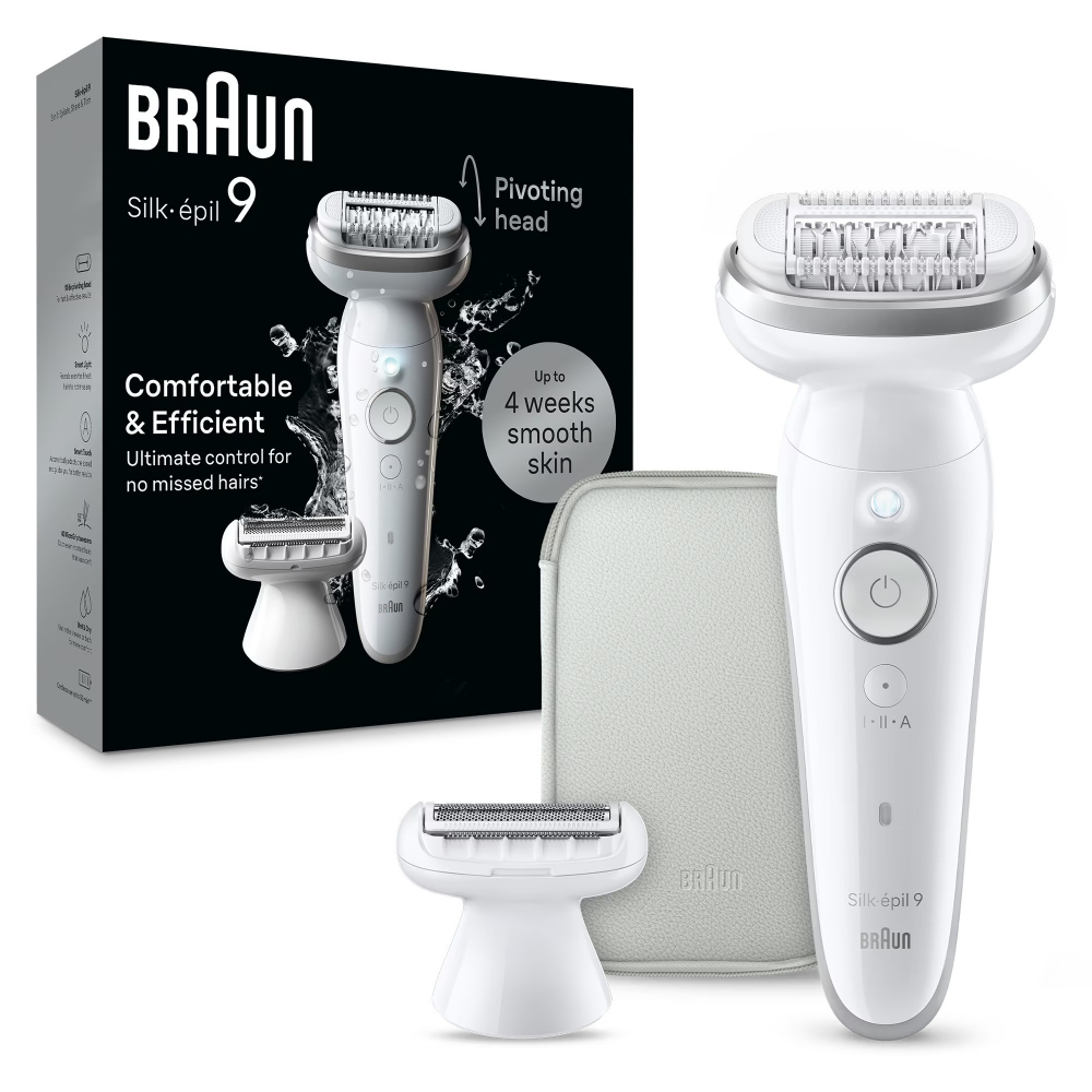 Epilator Braun Silk-épil 9 9-041 Wet & Dry, MicroGrip, Smart Light, 2 viteze, 40 pensete, Cap de ras + Pieptene, 1 capac, Geanta de voiaj, Alb/Argintiu [2]