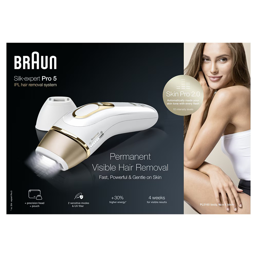 Epilator IPL Braun Silk-expert PRO 5 PL5160 senzor automat & continuu skin pro 2.0, 400.000 impulsuri, 10 niveluri de intensitate, 125 de impulsuri pe minut, cap de precizie, trusa de voiaj, alb/auriu [9]