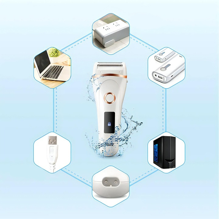 Epilator Umed Si Uscat Renew Force, 3 Mecanisme de taiere intr-un singur cap, Afisaj LCD, Functie Blocare,Incarcare USB, Lavabil, Alb Perlat [7]