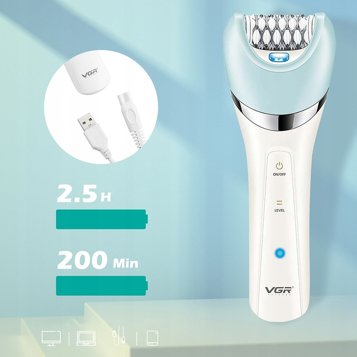 Epilator VGR V-703, 5 in 1, Pentru Picioare, corp, bikini, axile,  waterproof IPX 4, acumulator 1400mAh, Lumina LED, 2 Viteze, Alb [2]