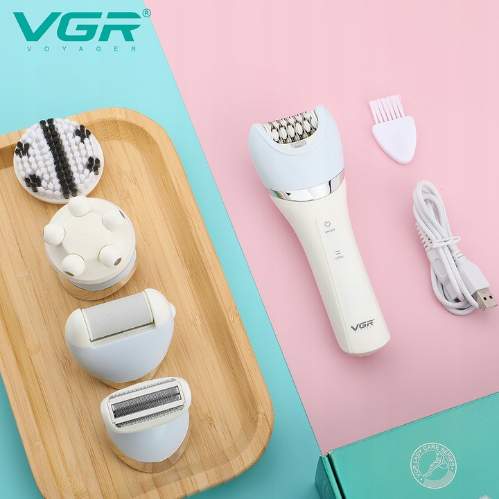 Epilator VGR V-703, 5 in 1, Pentru Picioare, corp, bikini, axile,  waterproof IPX 4, acumulator 1400mAh, Lumina LED, 2 Viteze, Alb [8]