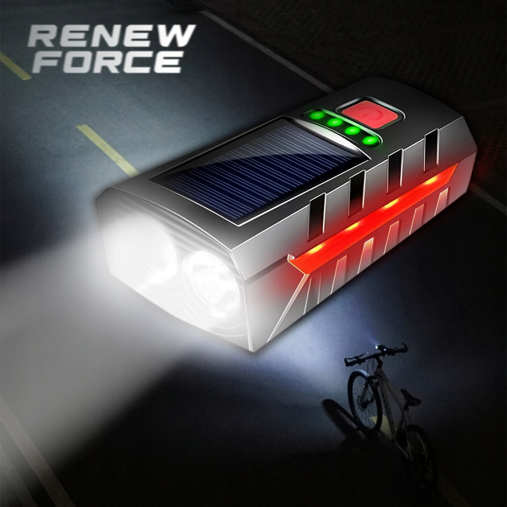 Far bicicleta cu incarcare solara & USB Renew Force, Lampa spate cadou, Claxon, 3 Moduri de iluminare, 1200 lumeni, Indicator incarcare baterie, Negru Rosu [4]