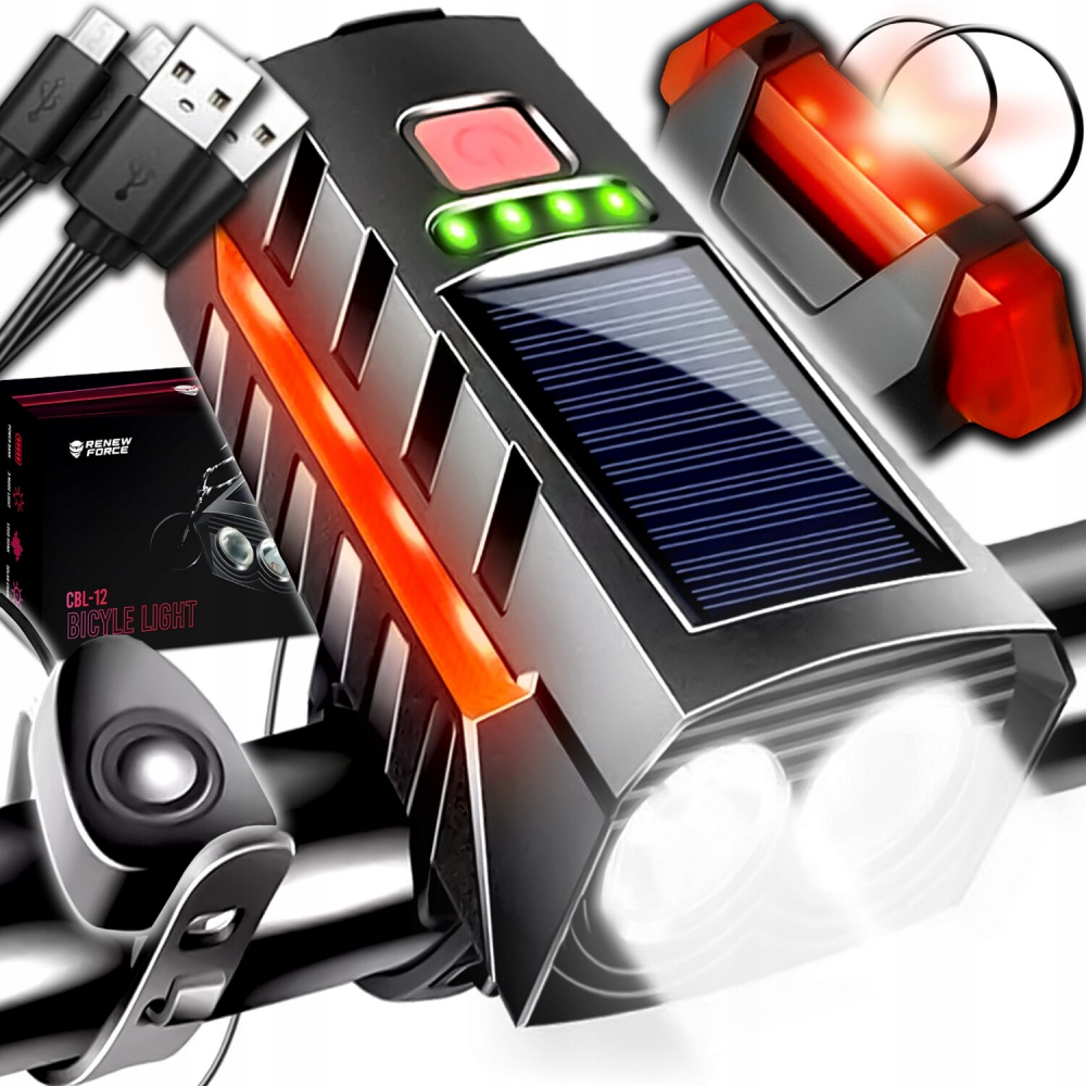 Far bicicleta cu incarcare solara & USB Renew Force, Lampa spate cadou, Claxon, 3 Moduri de iluminare, 1200 lumeni, Indicator incarcare baterie, Negru Rosu [2]