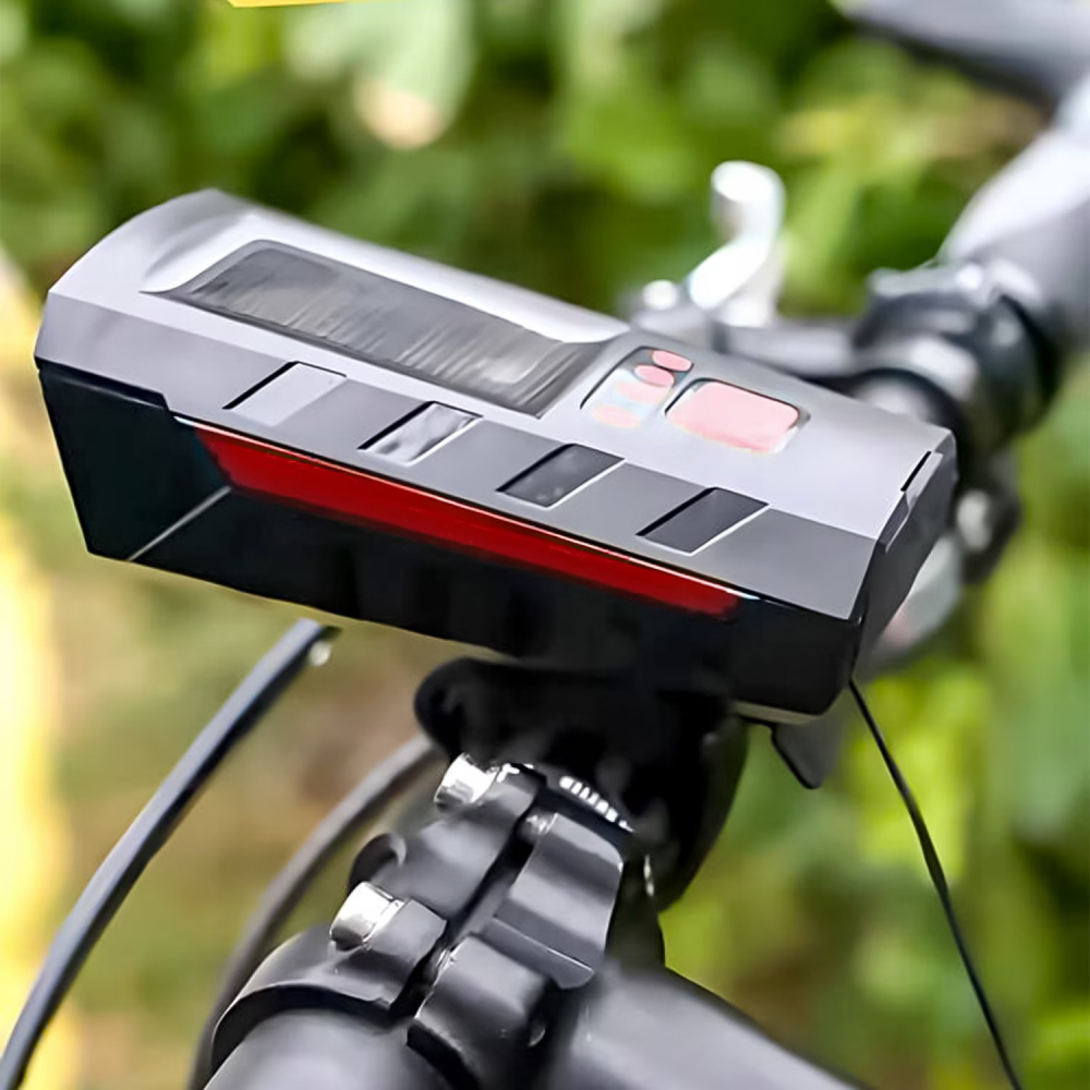 Far bicicleta cu incarcare solara & USB Renew Force, Lampa spate cadou, Claxon, 3 Moduri de iluminare, 1200 lumeni, Indicator incarcare baterie, Negru Rosu [7]