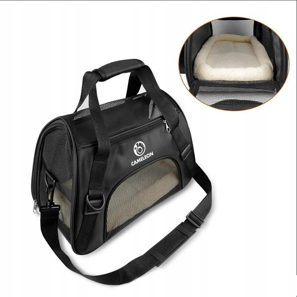 Geanta pentru transport animale mici, caine, pisica, iepure, din panza, 47cmx28cmx25cm, baza rezistenta, plasa de aerisire, Negru [4]