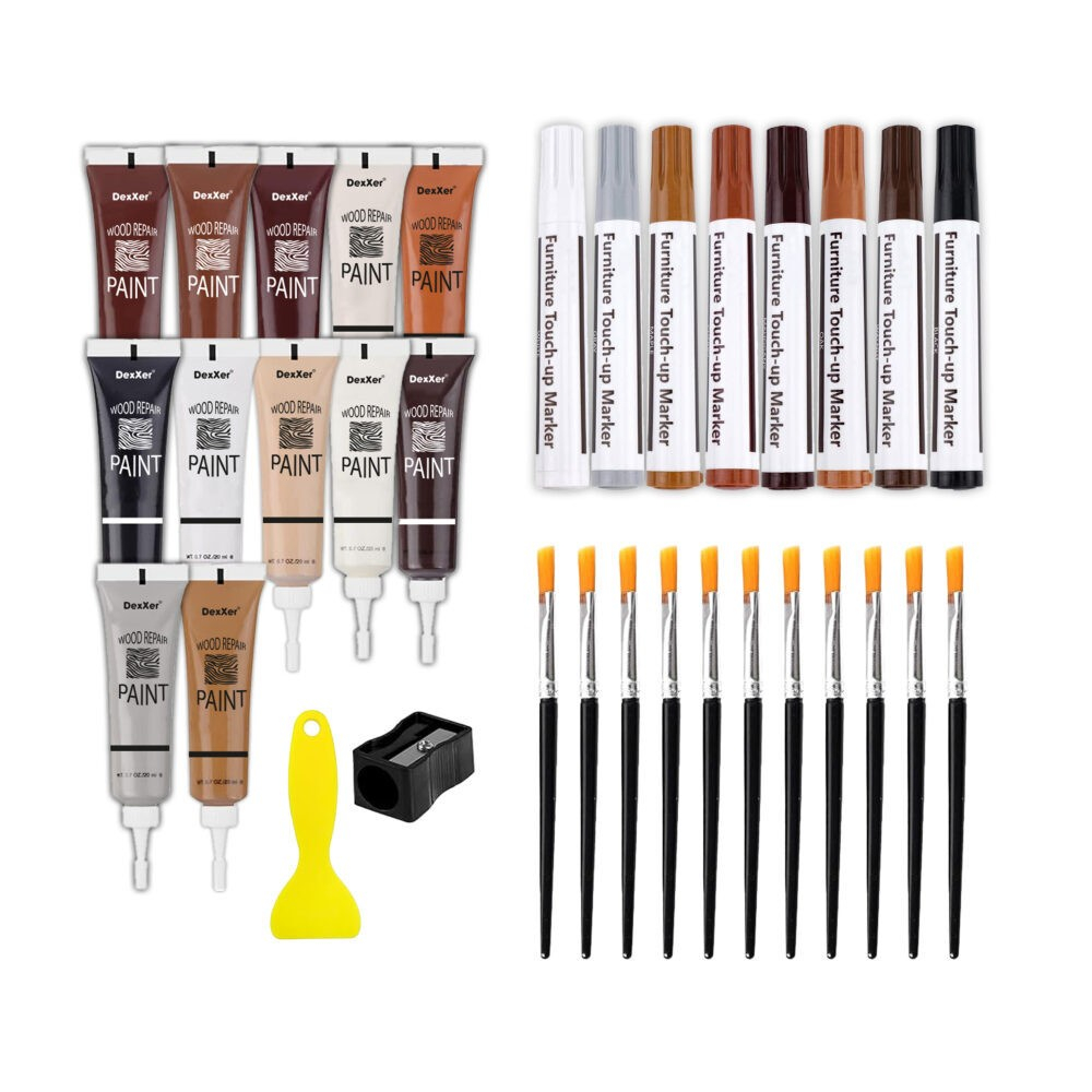 Kit reparatii suprafete din lemn NewEvo, 8 Markere cu Cerneala Uleioasa, 8 Creioane Cerate, 12 Tuburi Vopsea, 12 Pensule, Ascutitoare [5]