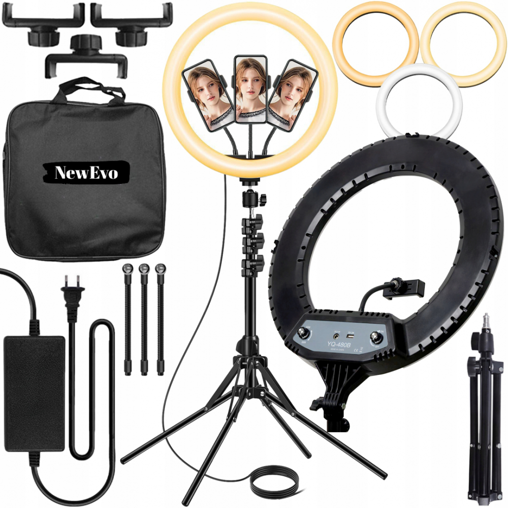 Lampa Circulara Make up Profesionala cu Display, NewEvo, Ring Light 43 CM, Putere 24W si 540 Lumeni, cu Lumina Calda Neutra si Rece Tip Inel, cu Trepied 210cm, Geanta Depozitare, Pentru Poze Perfecte [1]