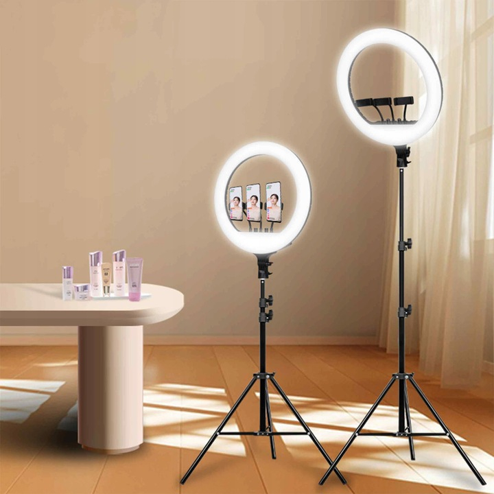 Lampa Circulara Make up Profesionala cu Display, NewEvo, Ring Light 43 CM, Putere 24W si 540 Lumeni, cu Lumina Calda Neutra si Rece Tip Inel, cu Trepied 210cm, Geanta Depozitare, Pentru Poze Perfecte [8]