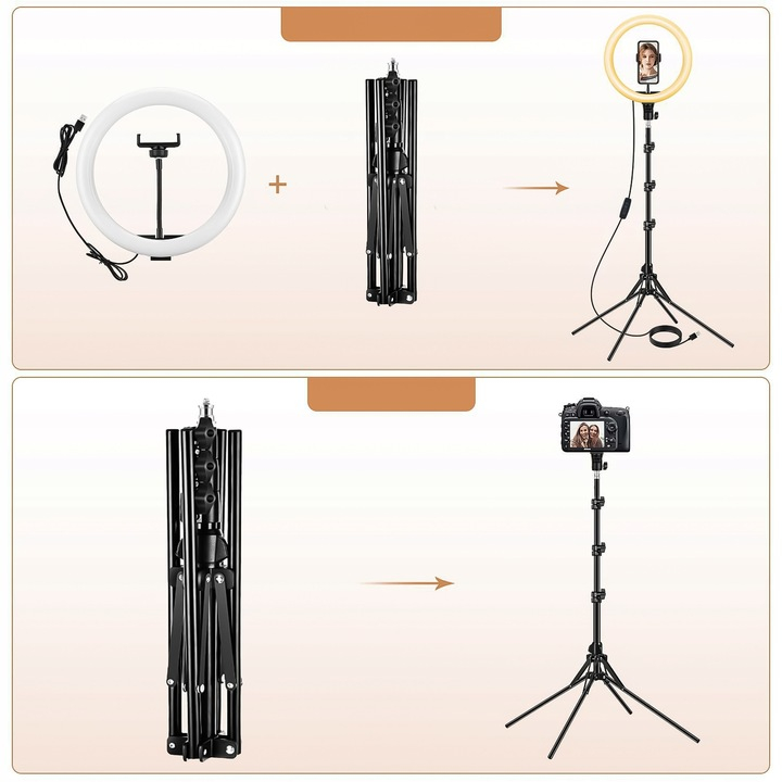 Lampa Circulara Make up Profesionala cu Display, NewEvo, Ring Light 43 CM, Putere 24W si 540 Lumeni, cu Lumina Calda Neutra si Rece Tip Inel, cu Trepied 210cm, Geanta Depozitare, Pentru Poze Perfecte [7]