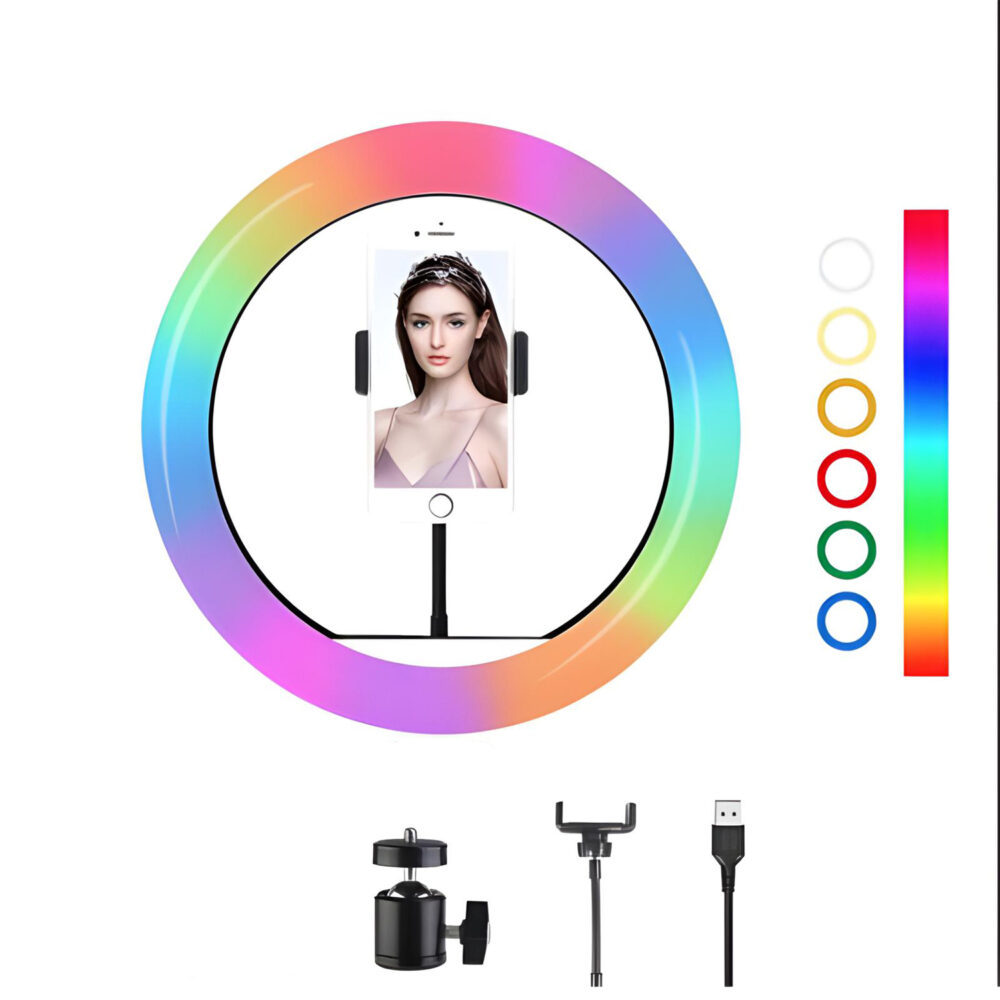Lampa circulara RGB Ring Light NewEvo, Foto, MakeUp, YouTube, 60W, diametru 26 cm, Iluminare RGB, 18 culori diferite de fundal, cu trepied 210cm inclus, Suport telefon si telecomanda gratuite [4]