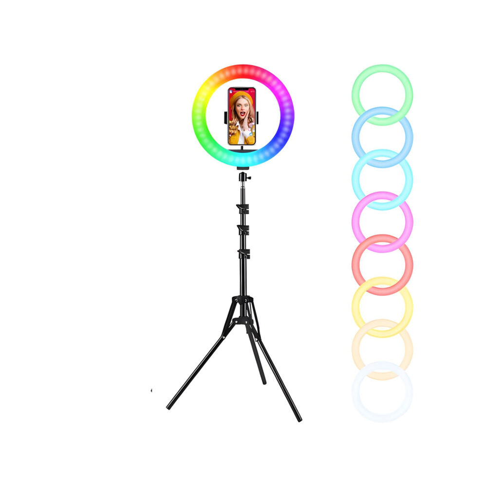 Lampa circulara RGB Ring Light NewEvo, Foto, MakeUp, YouTube, 60W, diametru 26 cm, Iluminare RGB, 18 culori diferite de fundal, cu trepied 210cm inclus, Suport telefon si telecomanda gratuite [2]