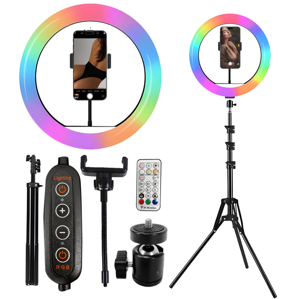 Lampa circulara RGB Ring Light NewEvo, Foto, MakeUp, YouTube, 60W, diametru 26 cm, Iluminare RGB, 18 culori diferite de fundal, cu trepied 210cm inclus, Suport telefon si telecomanda gratuite [1]