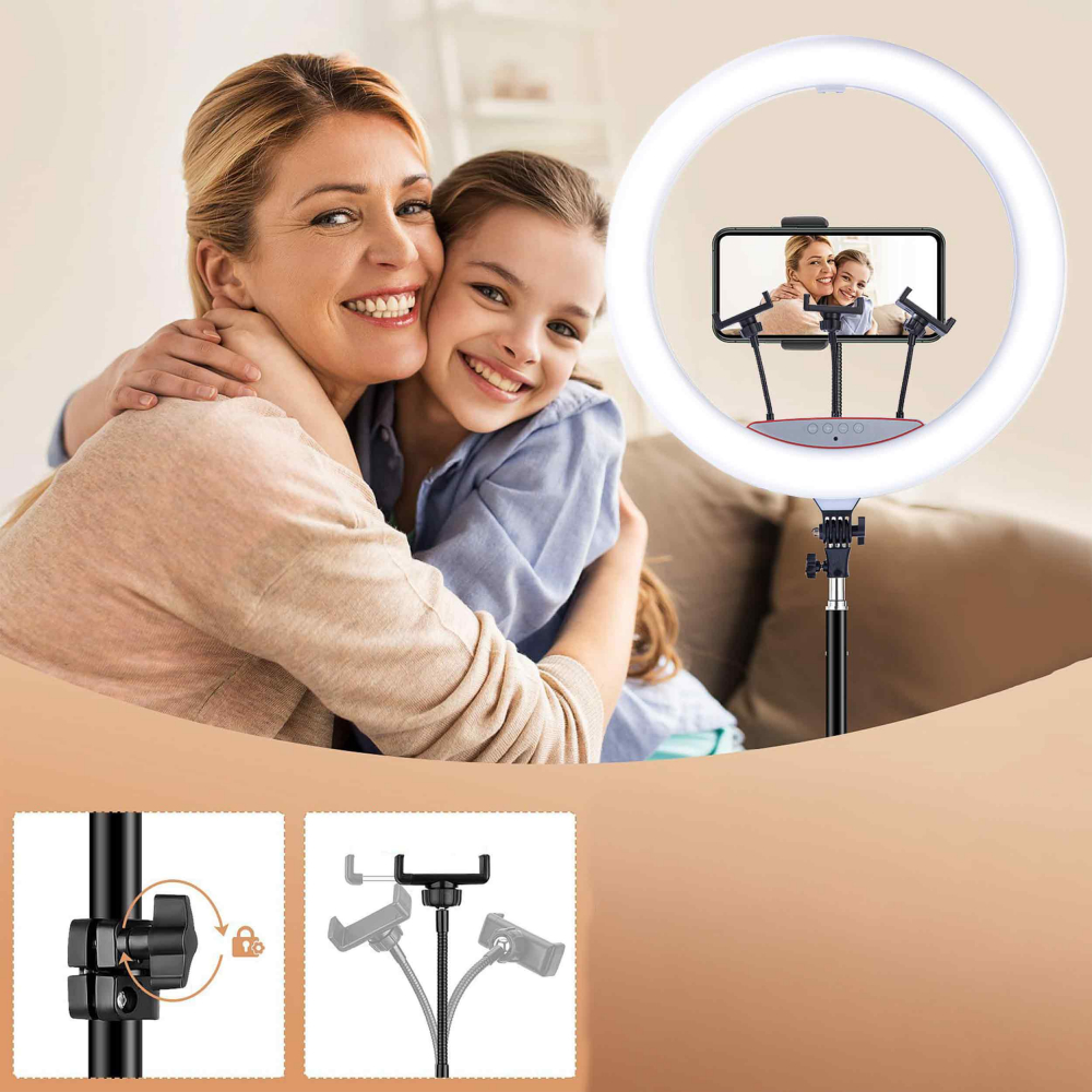 Lampa circulara Ring Light NewEvo, Foto, MakeUp, 240W, diametru 45 cm lumina rece, calda si neutra, 10 niveluri de ajustare, cu trepied 210cm inclus + Telecomanda selfie bluetooth pentru telefoane si tablete, 3 x Suport Telefon [3]