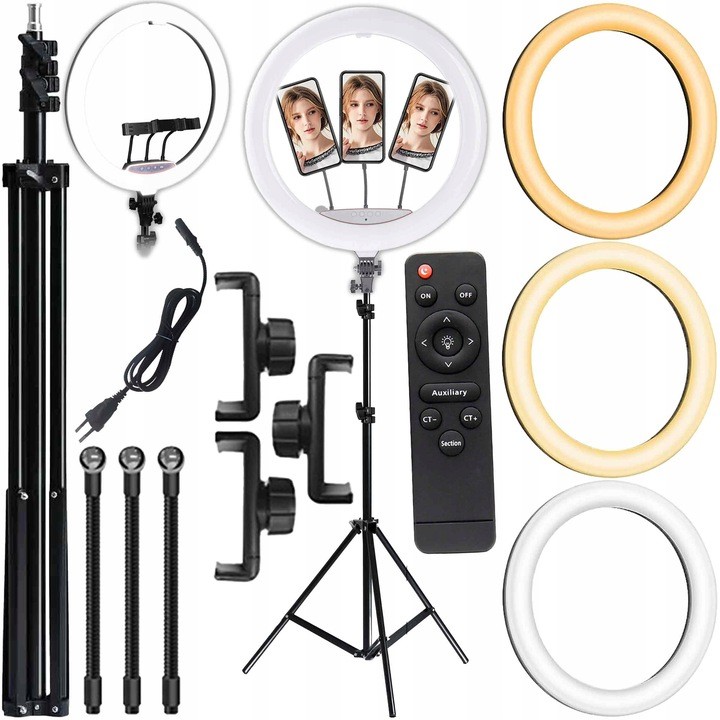 Lampa circulara Ring Light NewEvo, Foto, MakeUp, 240W, diametru 45 cm lumina rece, calda si neutra, 10 niveluri de ajustare, cu trepied 210cm inclus + Telecomanda selfie bluetooth pentru telefoane si tablete, 3 x Suport Telefon [1]