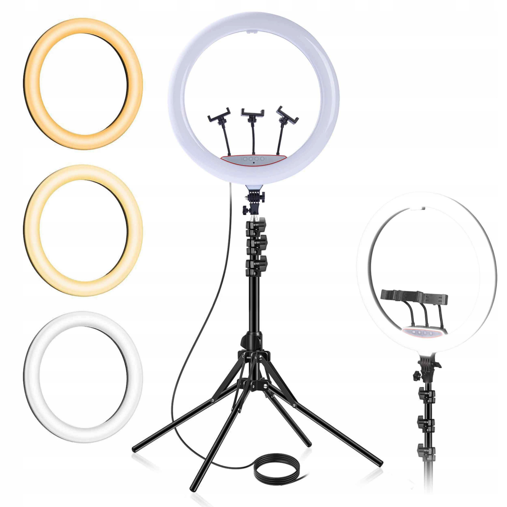 Lampa circulara Ring Light NewEvo, Foto, MakeUp, 240W, diametru 45 cm lumina rece, calda si neutra, 10 niveluri de ajustare, cu trepied 210cm inclus + Telecomanda selfie bluetooth pentru telefoane si tablete, 3 x Suport Telefon [4]