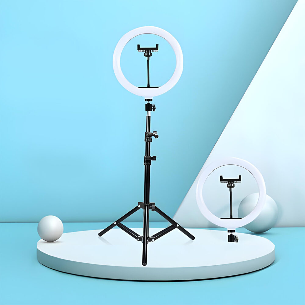 Lampa circulara Ring Light NewEvo, Foto, MakeUp, YouTube, 24W, diametru 25 cm lumina rece, calda si neutra, 10 niveluri de ajustare, cu trepied 210cm inclus, Suport telefon gratuit [4]