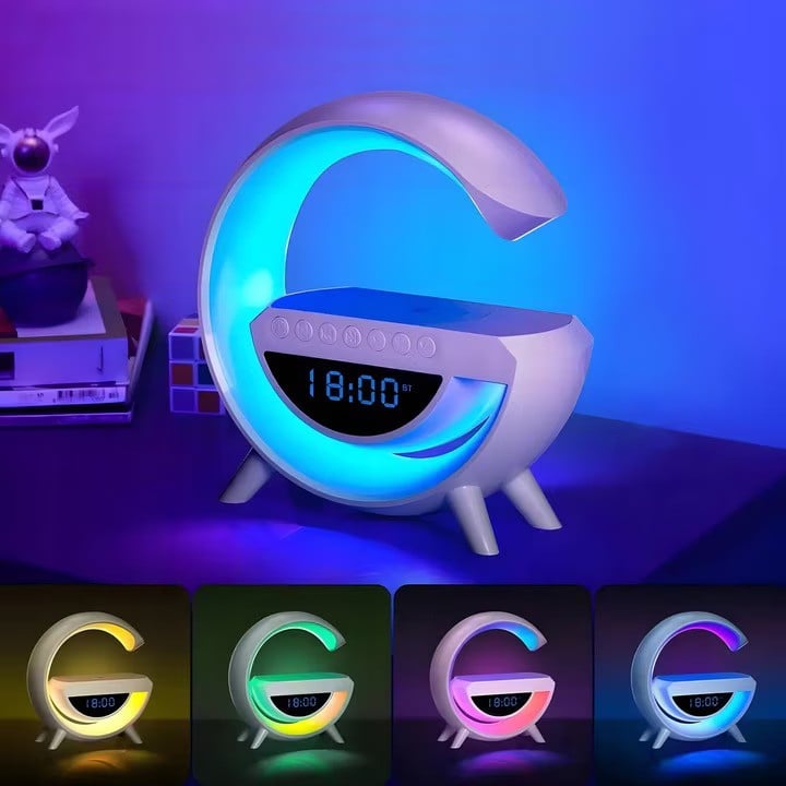 Lampa Smart NewEvo® Multifunctionala 4 in 1, Ceas digital, Alarma, Radio, Boxa Bluetooth, Lumini ambientale LED cu sincronizare muzicala, Incarcator wireless 15W, 7 Moduri de lumina, Alb [3]