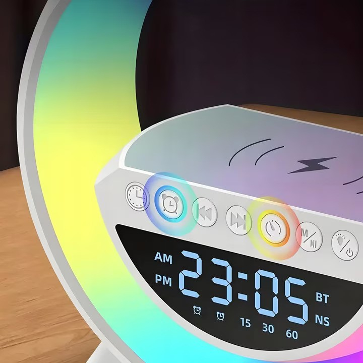 Lampa Smart NewEvo® Multifunctionala 4 in 1, Ceas digital, Alarma, Radio, Boxa Bluetooth, Lumini ambientale LED cu sincronizare muzicala, Incarcator wireless 15W, 7 Moduri de lumina, Alb [8]