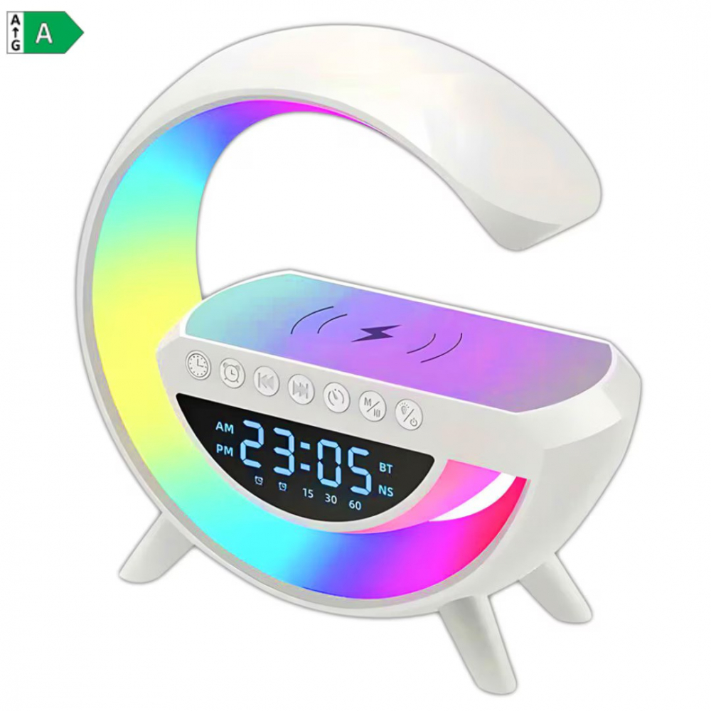 Lampa Smart NewEvo® Multifunctionala 4 in 1, Ceas digital, Alarma, Radio, Boxa Bluetooth, Lumini ambientale LED cu sincronizare muzicala, Incarcator wireless 15W, 7 Moduri de lumina, Alb [2]