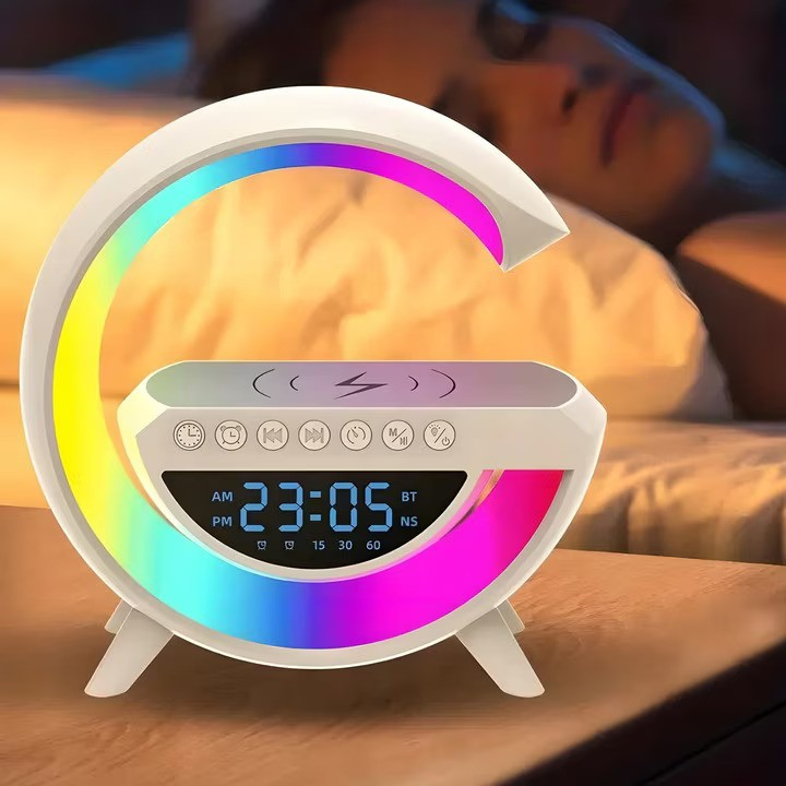 Lampa Smart NewEvo® Multifunctionala 4 in 1, Ceas digital, Alarma, Radio, Boxa Bluetooth, Lumini ambientale LED cu sincronizare muzicala, Incarcator wireless 15W, 7 Moduri de lumina, Alb [7]