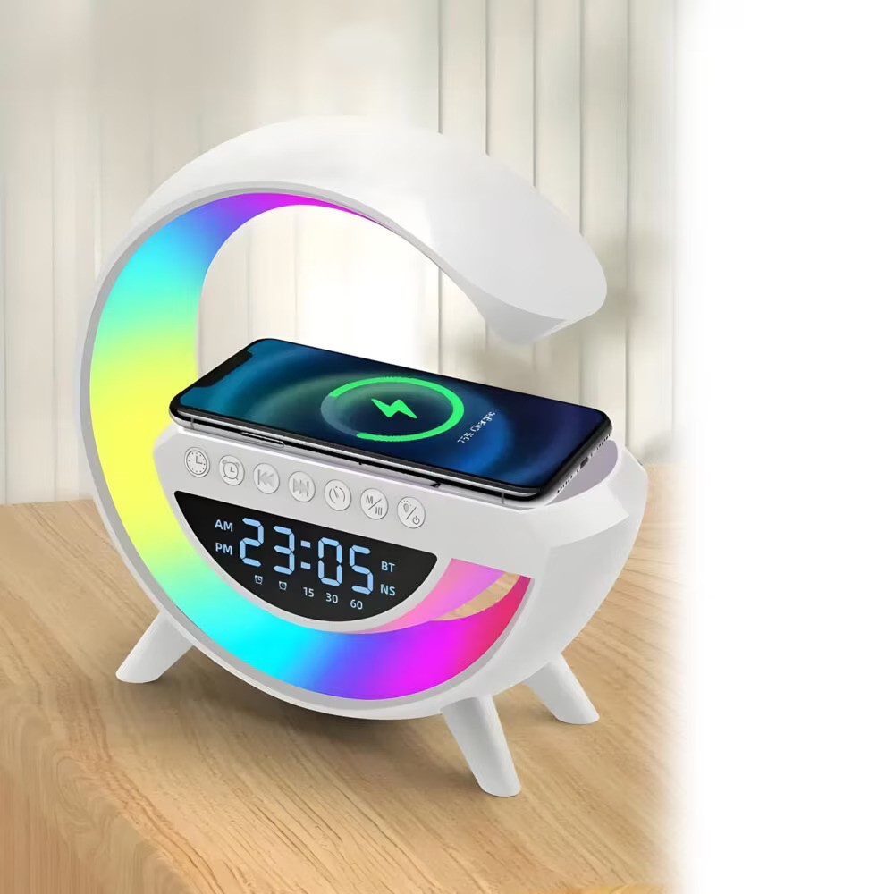 Lampa Smart NewEvo® Multifunctionala 4 in 1, Ceas digital, Alarma, Radio, Boxa Bluetooth, Lumini ambientale LED cu sincronizare muzicala, Incarcator wireless 15W, 7 Moduri de lumina, Alb [4]