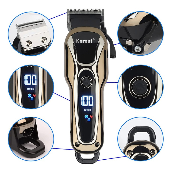 Masina de Tuns Profesionala cu Acumulator Kemei, Afisaj Led, Lungime taiere de la1.5 mm la 13mm, Baterie de 2000 mAh, Auriu [2]
