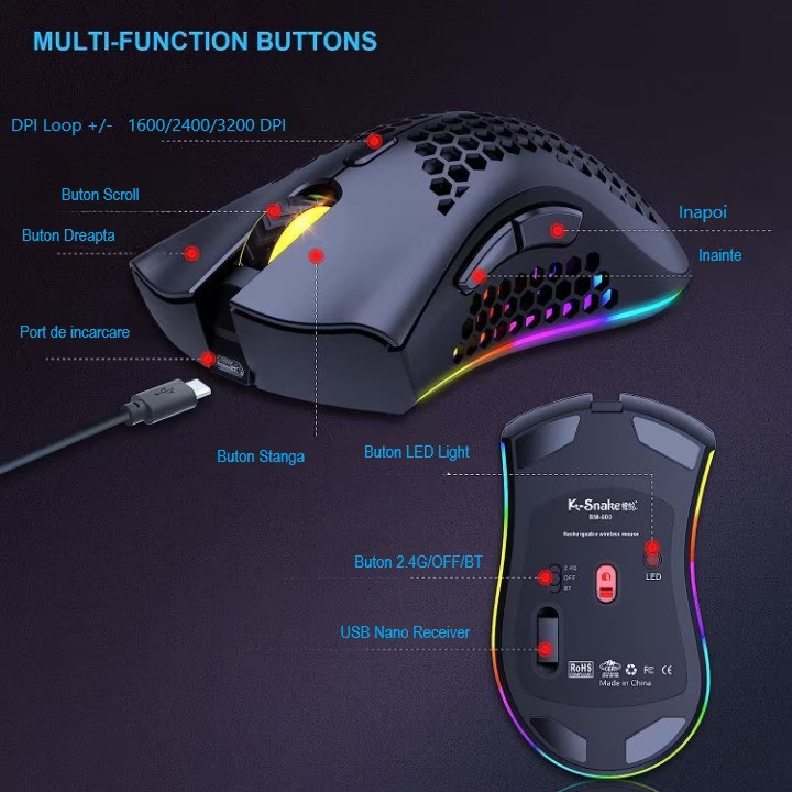 Mouse gaming, DexXer, Wireless, Iluminare RGB, USB, Wireless 2.4 G, FastCharge, Design ergonomic, Negru [3]