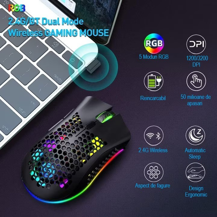Mouse gaming, DexXer, Wireless, Iluminare RGB, USB, Wireless 2.4 G, FastCharge, Design ergonomic, Negru [4]