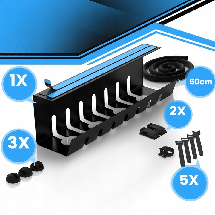 Organizator de cabluri sub birou NewEvo, metal robust, potrivit pentru majoritatea birourilor, cu banda autoadeziva, cleme autoadezive, fara gaurire, dimensiune 43 x 12 x 12 cm, Negru [4]