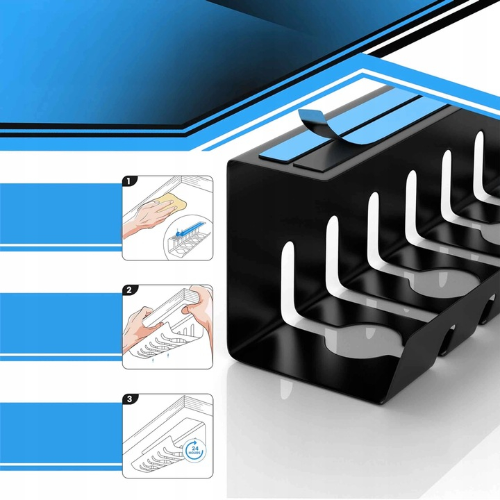 Organizator de cabluri sub birou NewEvo, metal robust, potrivit pentru majoritatea birourilor, cu banda autoadeziva, cleme autoadezive, fara gaurire, dimensiune 43 x 12 x 12 cm, Negru [6]