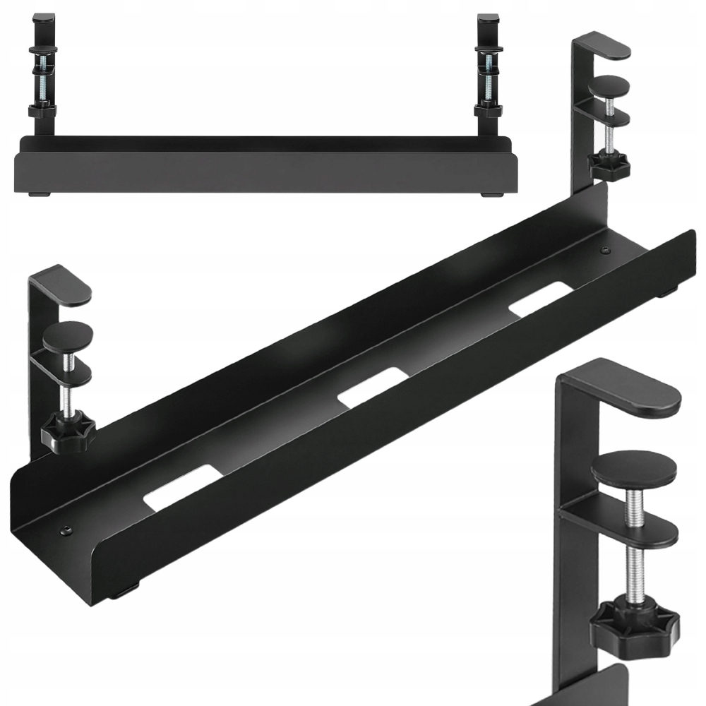 Organizator de cabluri sub birou NewEvo, tava pentru cablu de alimentare, metal robust, potrivit pentru majoritatea birourilor, cu clema, fara gaurire,  dimensiune 60X19X10 cm, Negru [1]