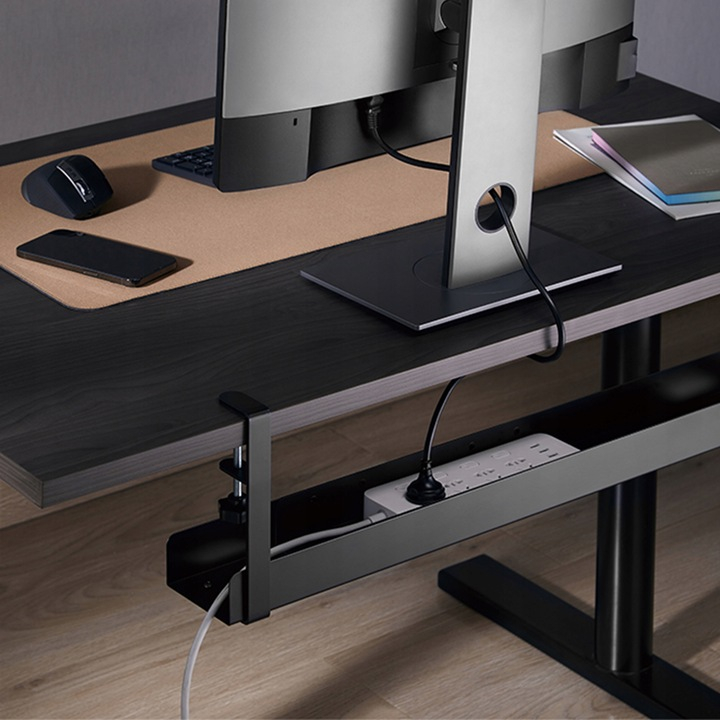 Organizator de cabluri sub birou NewEvo, tava pentru cablu de alimentare, metal robust, potrivit pentru majoritatea birourilor, cu clema, fara gaurire,  dimensiune 60X19X10 cm, Negru [3]
