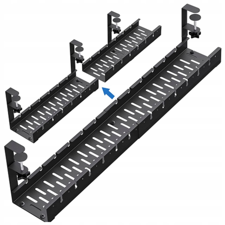 Organizator de cabluri sub birou NewEvo, tava pentru cablu de alimentare, metal robust, potrivit pentru majoritatea birourilor, cu clema, fara gaurire, retractabil, dimensiune extensibila 29-54 cm, Negru [9]