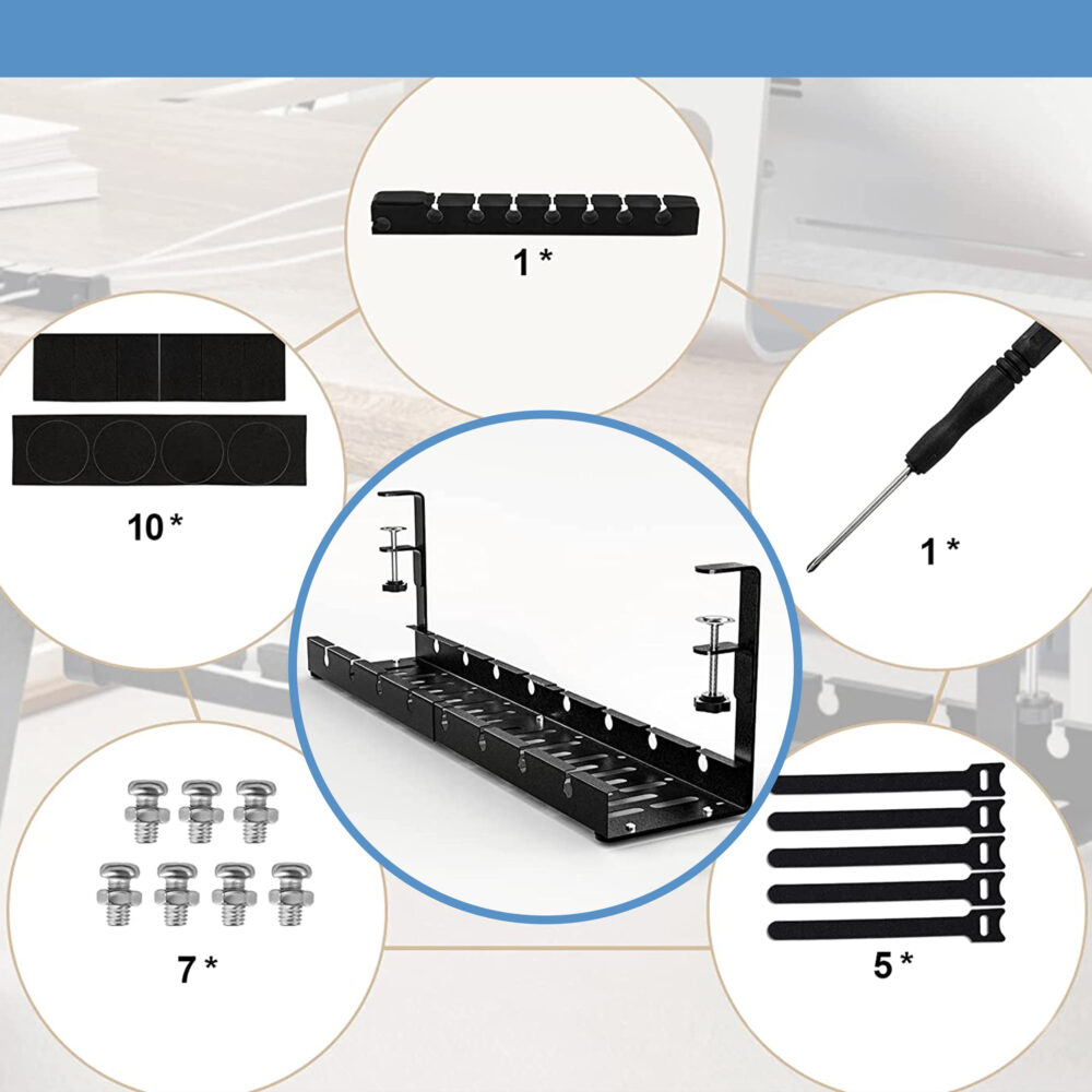 Organizator de cabluri sub birou NewEvo, tava pentru cablu de alimentare, metal robust, potrivit pentru majoritatea birourilor, cu clema, fara gaurire, retractabil, dimensiune extensibila 29-54 cm, Negru [11]
