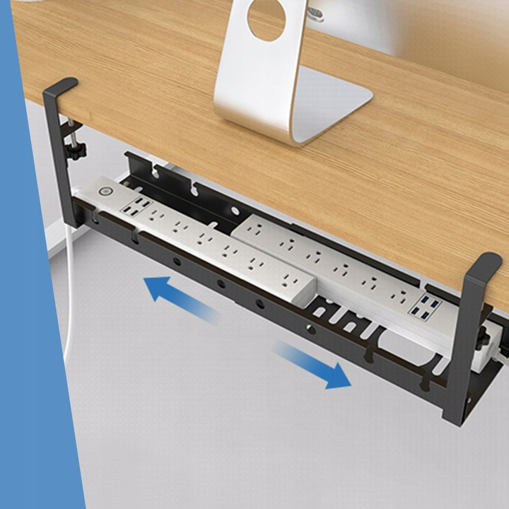 Organizator de cabluri sub birou NewEvo, tava pentru cablu de alimentare, metal robust, potrivit pentru majoritatea birourilor, cu clema, fara gaurire, retractabil, dimensiune extensibila 29-54 cm, Negru [7]