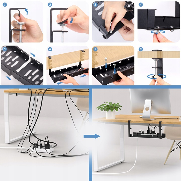 Organizator de cabluri sub birou NewEvo, tava pentru cablu de alimentare, metal robust, potrivit pentru majoritatea birourilor, cu clema, fara gaurire, retractabil, dimensiune extensibila 29-54 cm, Negru [10]