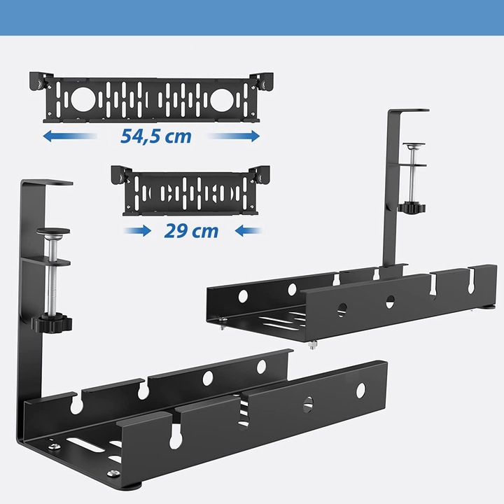 Organizator de cabluri sub birou NewEvo, tava pentru cablu de alimentare, metal robust, potrivit pentru majoritatea birourilor, cu clema, fara gaurire, retractabil, dimensiune extensibila 29-54 cm, Negru [2]