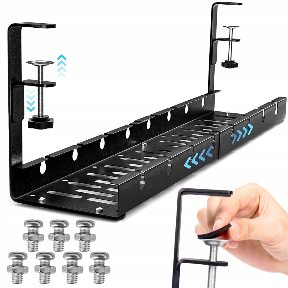Organizator de cabluri sub birou NewEvo, tava pentru cablu de alimentare, metal robust, potrivit pentru majoritatea birourilor, cu clema, fara gaurire, retractabil, dimensiune extensibila 29-54 cm, Negru [3]