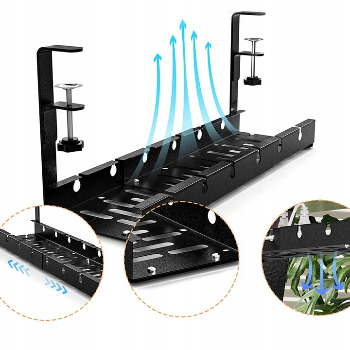 Organizator de cabluri sub birou NewEvo, tava pentru cablu de alimentare, metal robust, potrivit pentru majoritatea birourilor, cu clema, fara gaurire, retractabil, dimensiune extensibila 29-54 cm, Negru [8]