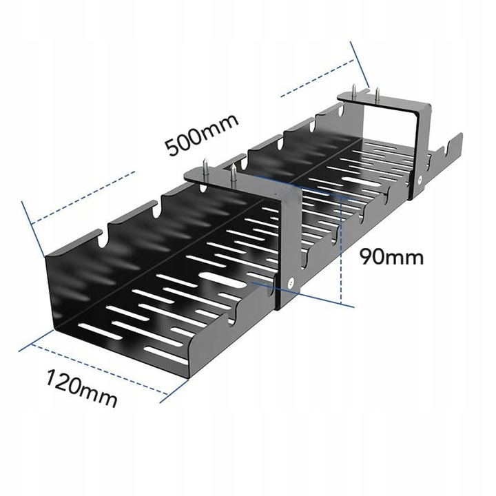 Organizator de cabluri sub birou NewEvo, tava pentru cablu de alimentare, metal robust, potrivit pentru majoritatea birourilor, dimensiune 50x12x9 cm, Negru [4]