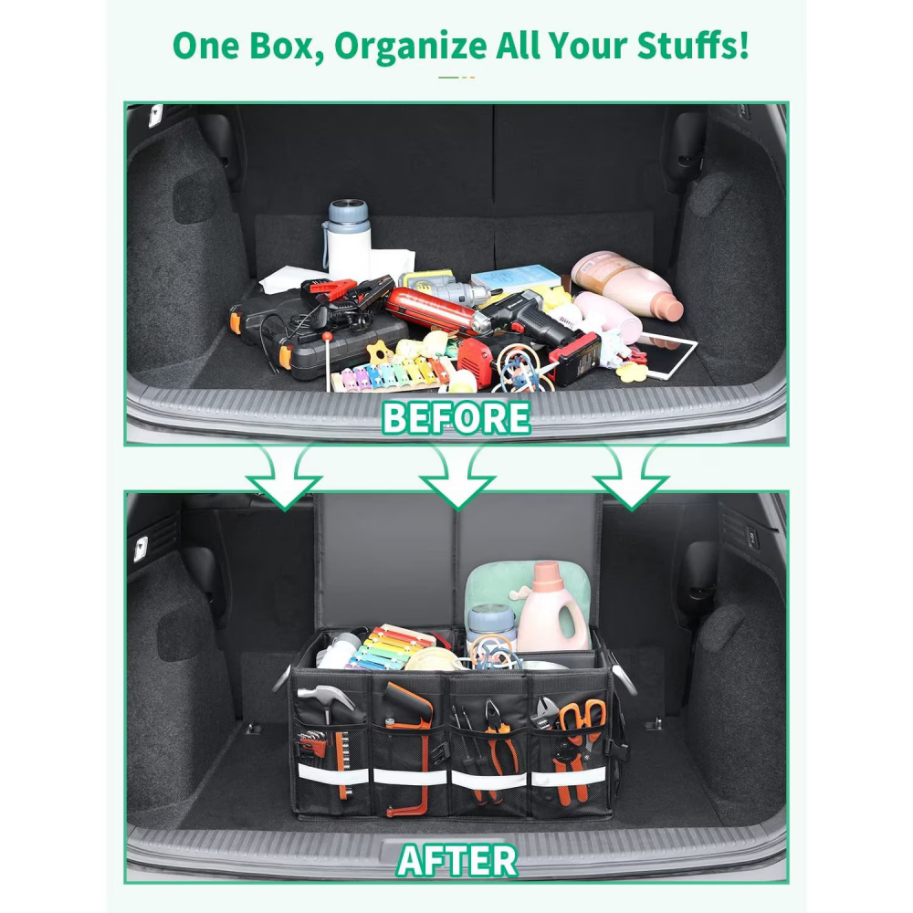 Organizator portbagaj auto, NewEvo, geanta multifunctionala, pliabil, 3 compartimente, impermeabil cu manere din aluminiu, banda reflectorizanta, 60 X 35 X 30 cm, 65L, Negru [6]